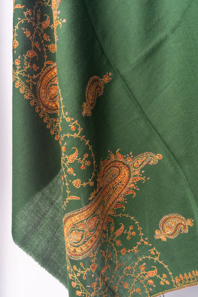 Emerald Majesty: Hand Embroidered Merino Wool Sozni Shawl