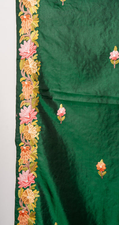 Emerald Enchantment Pure Silk Hand Aari Embroidery Saree