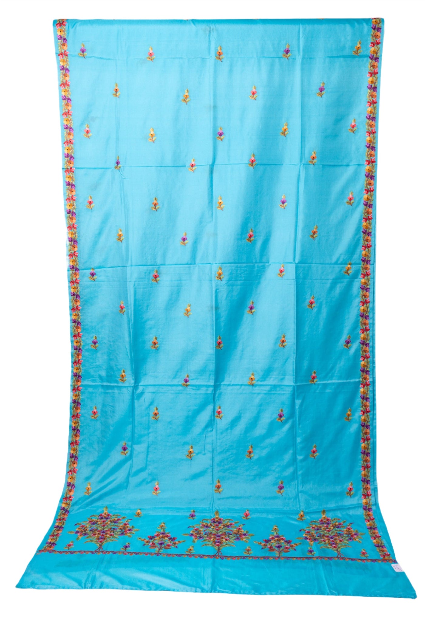 Aquamarine Delight Pure Crepe Hand Aari Embroidery Saree