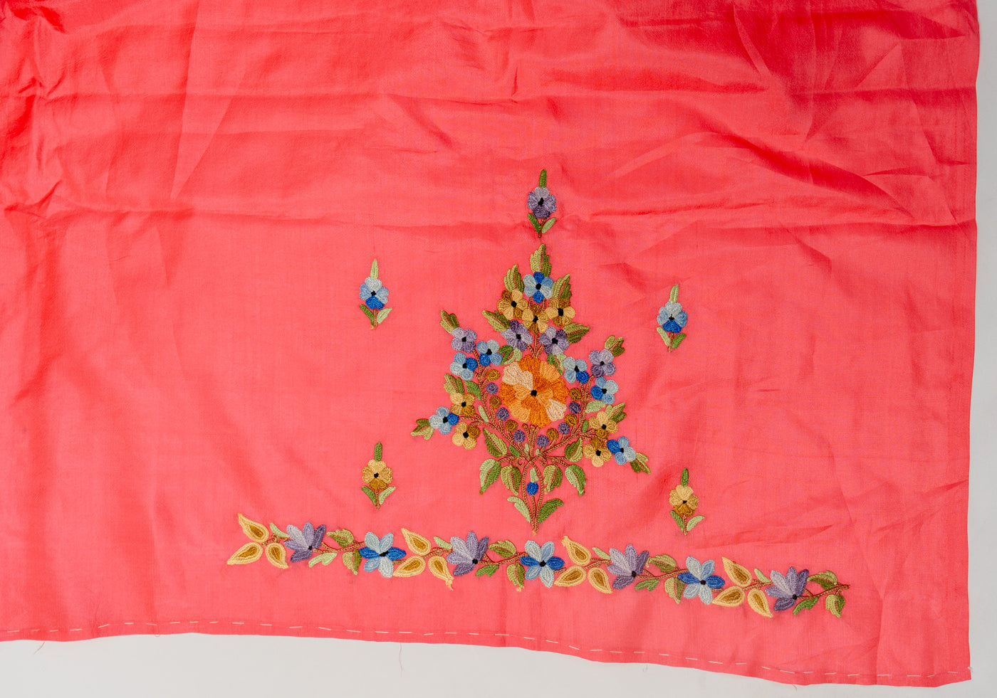 Coral Charm Pure Crepe Hand Aari Embroidery Saree