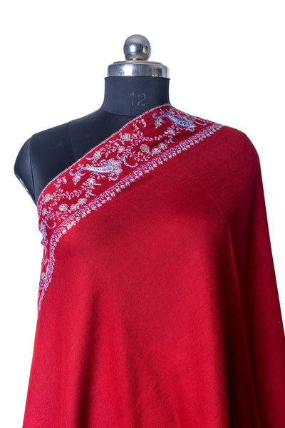 Crimson Elegance: Hand Embroidered Merino Wool Sozni Shawl