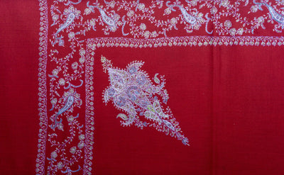 Crimson Elegance: Hand Embroidered Merino Wool Sozni Shawl