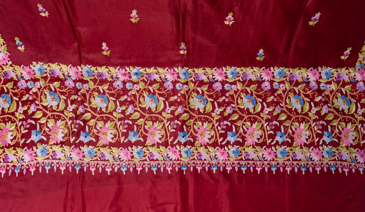 Maroon Magnificence Pure Crepe Hand Aari Embroidery Saree