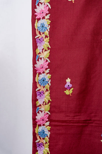 Maroon Magnificence Pure Crepe Hand Aari Embroidery Saree