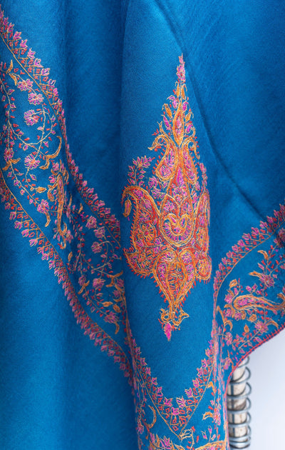 Azure Opulence: Hand Embroidered Merino Wool Sozni Shawl