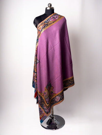Regal Mauve Majesty - Hand Embroidered Pashmina with Sozni & Tilla Embroidery