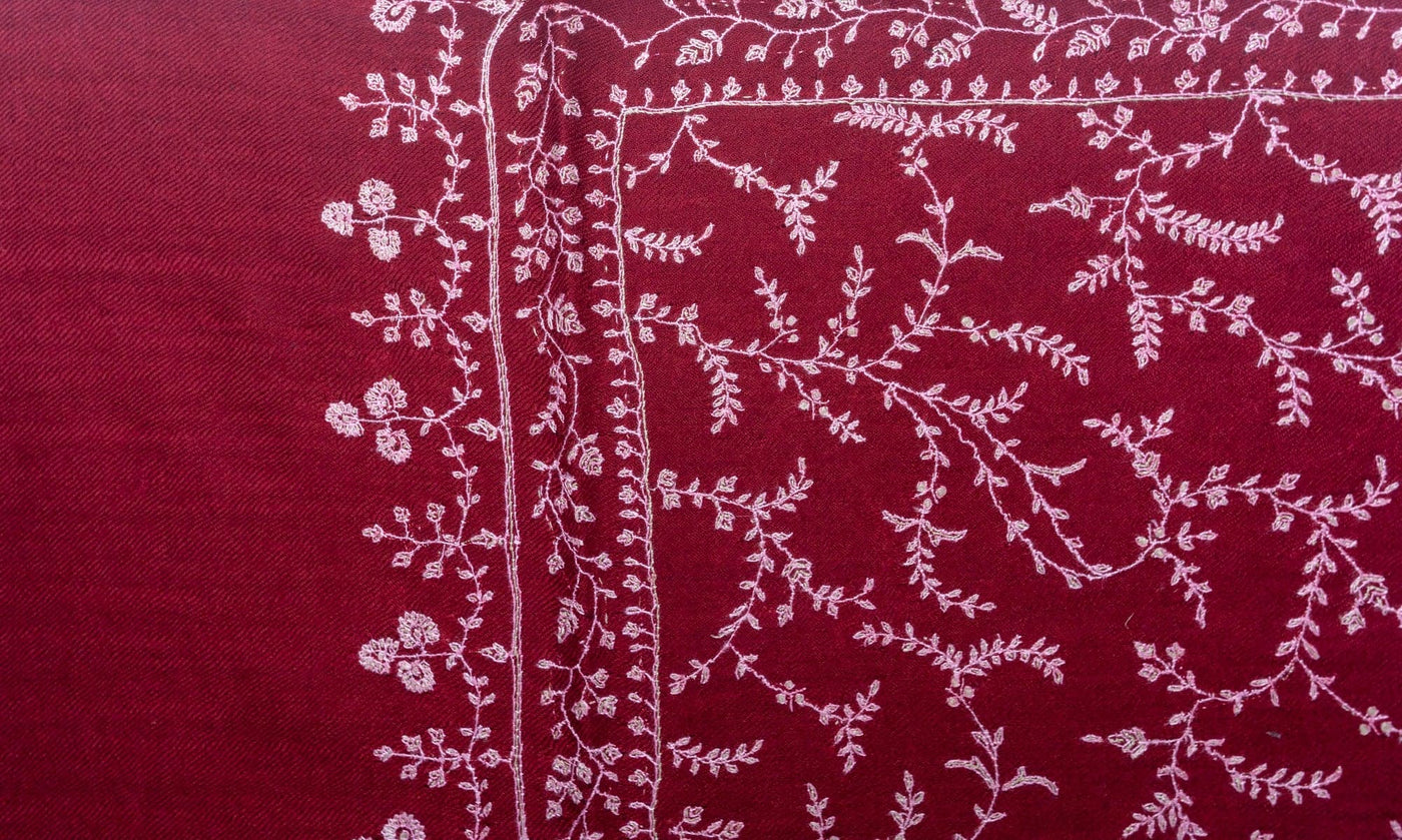 Crimson Frost: Hand Embroidered Pure Pashmina Sozni Scarf