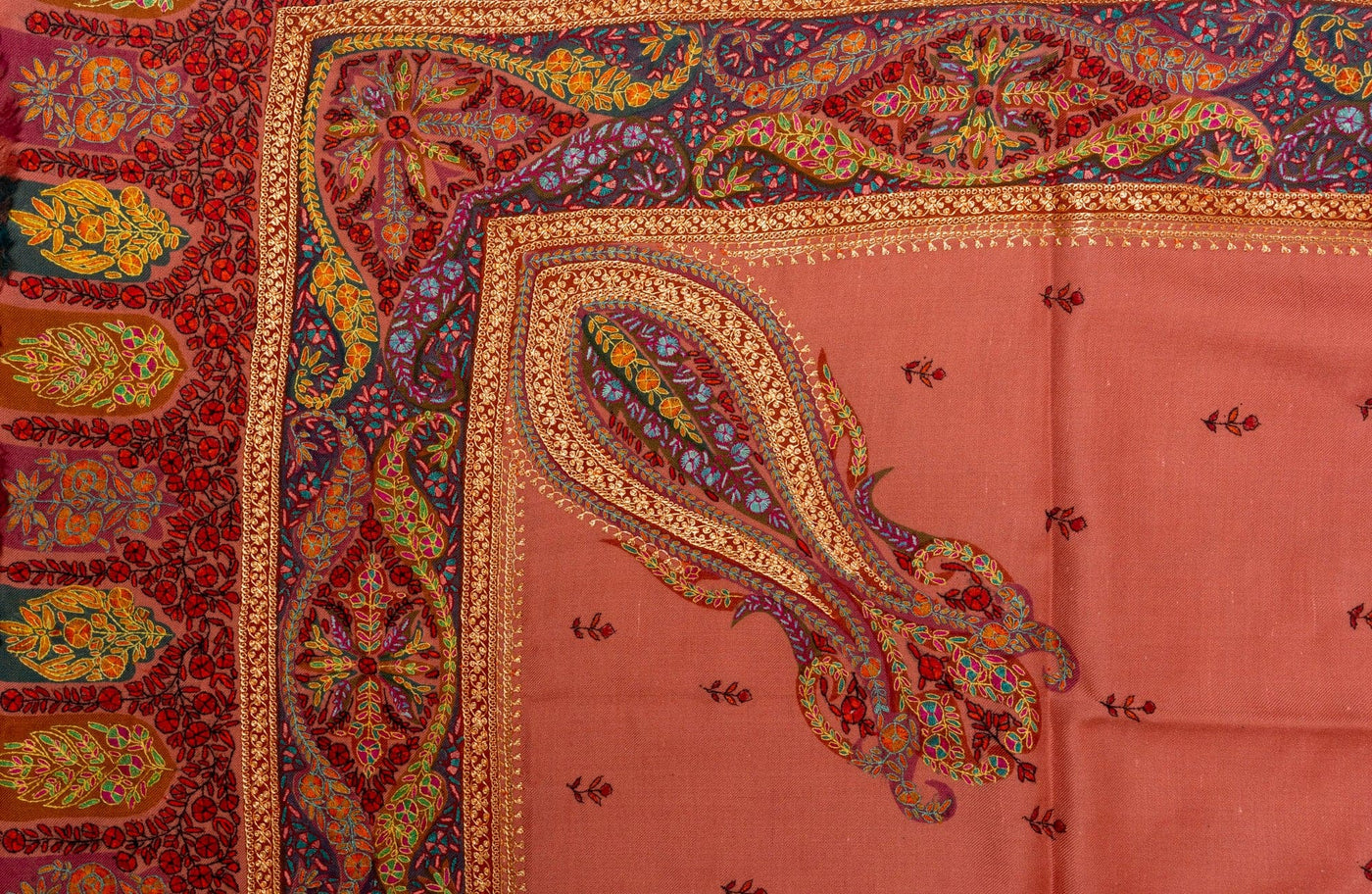 Coral Charm Tilla Tapestry - Hand Embroidered Pashmina Shawl with Tilla and Sozni Embroidery