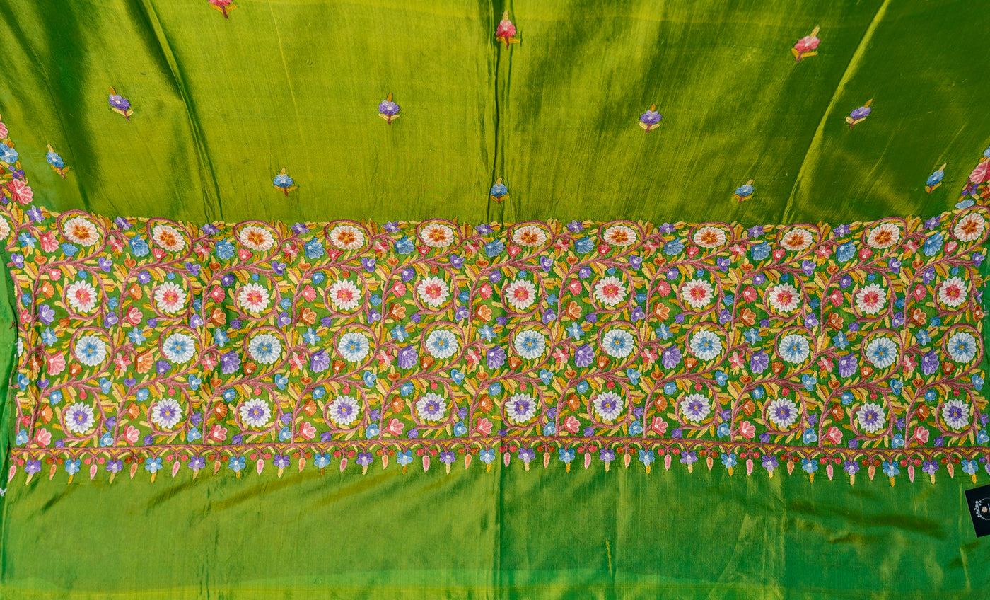 Verdant Vibrance Pure Silk Hand Aari Embroidery Saree