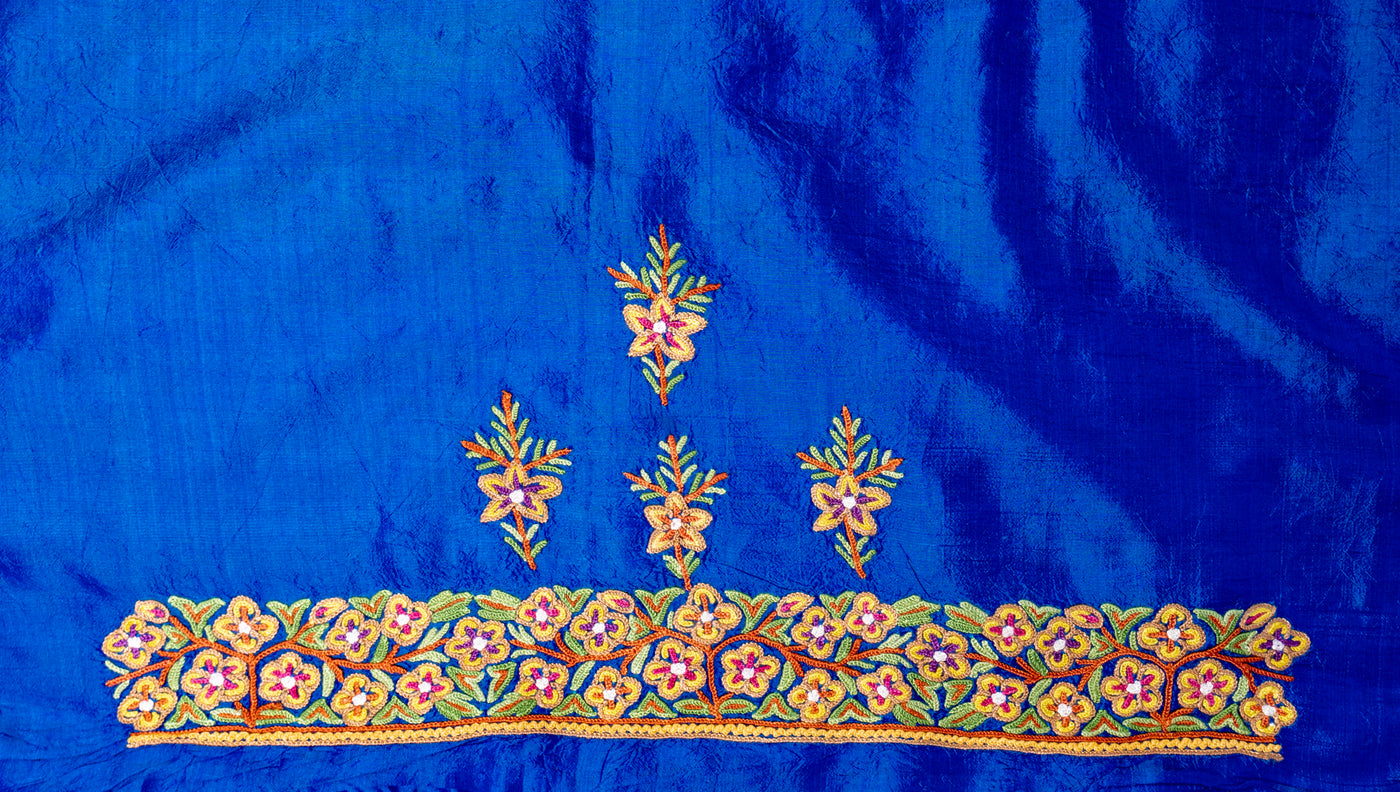 Royal Azure Pure Silk Hand Aari Embroidery Saree