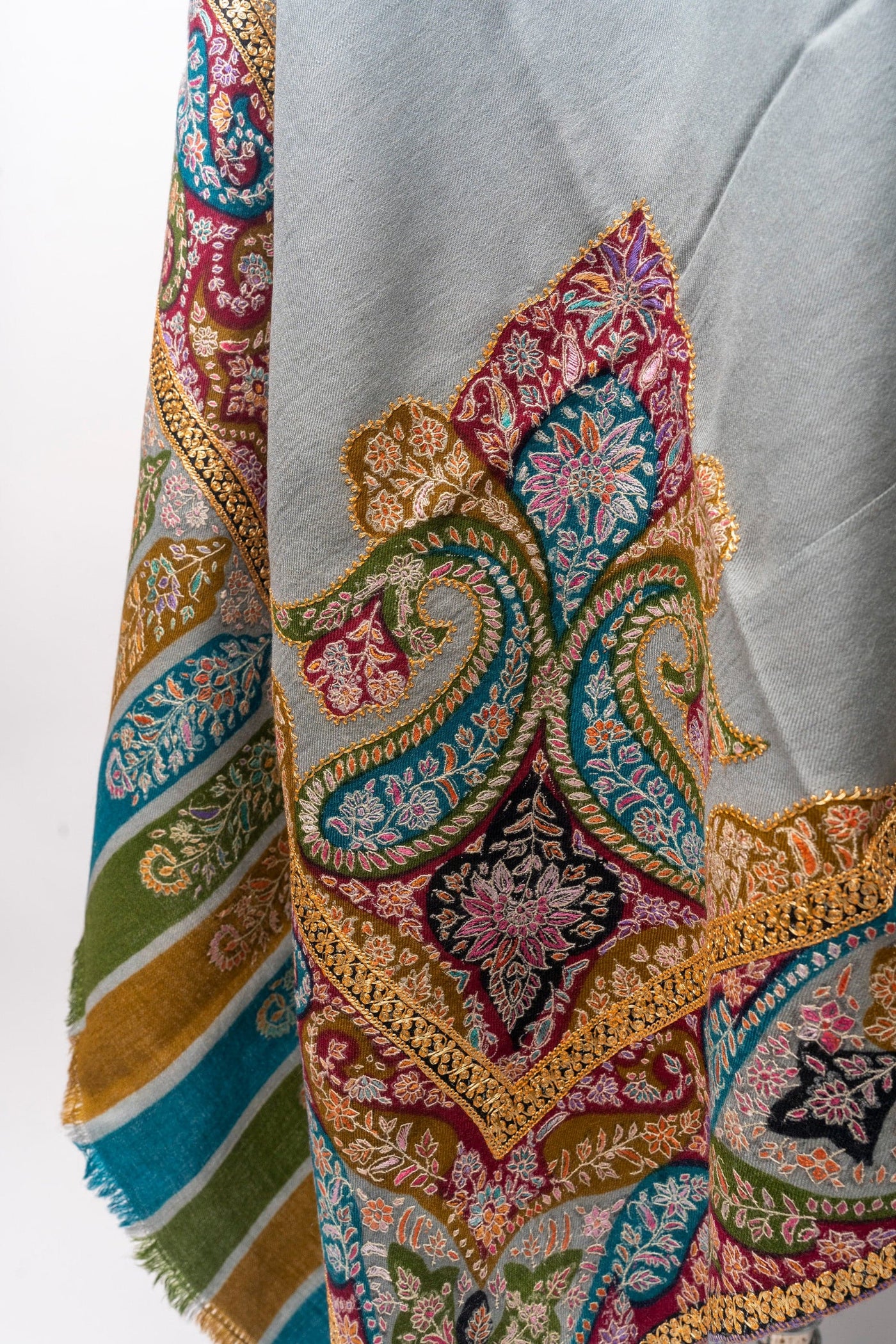 Misty Dawn Tilla Grandeur - Hand Embroidered Pashmina Shawl with Tilla and Sozni Embroidery