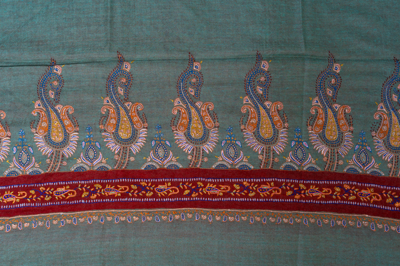 Enchanted Meadow Hand Embroidered Pashmina Shawl with Sozni Embroidery