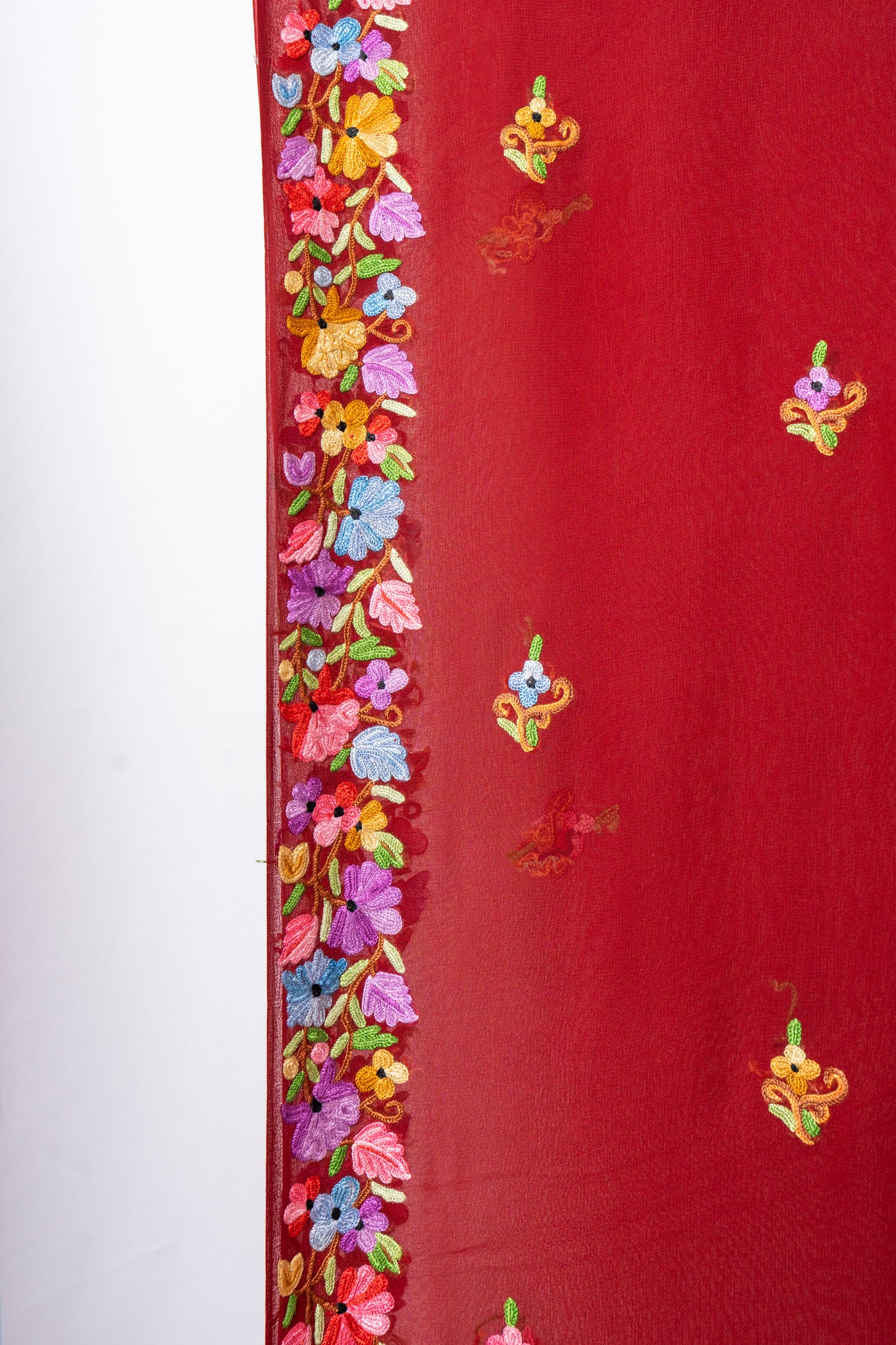 Regal Rouge Pure Crepe Hand Aari Embroidery Saree