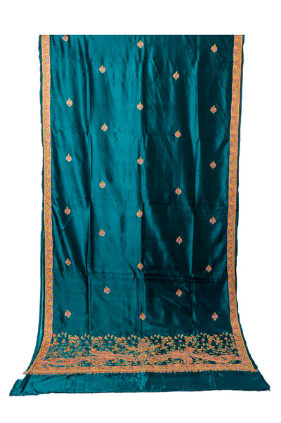 Emerald Elegance: Pure Silk Saree with Hand Aari Embroidery