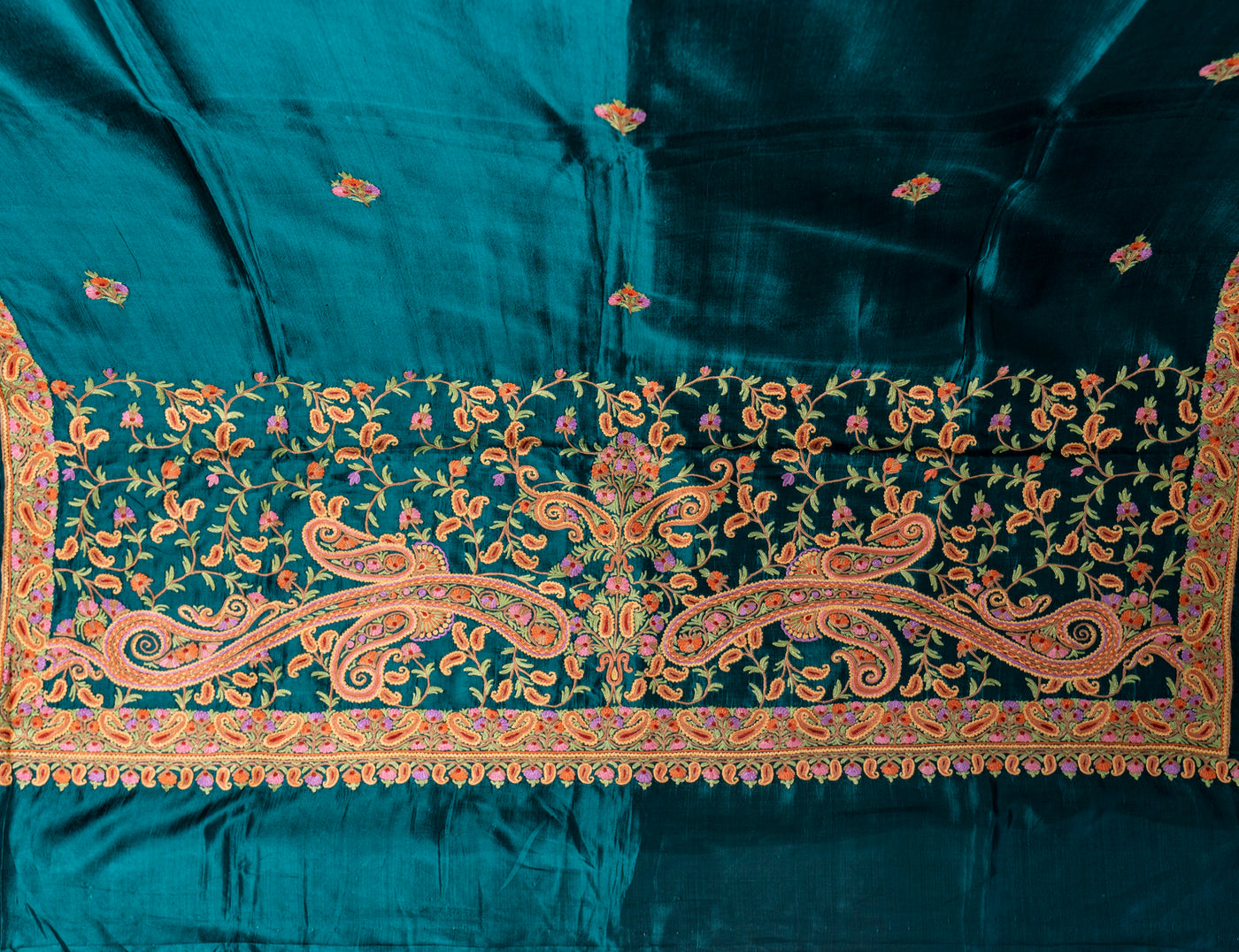 Emerald Elegance: Pure Silk Saree with Hand Aari Embroidery