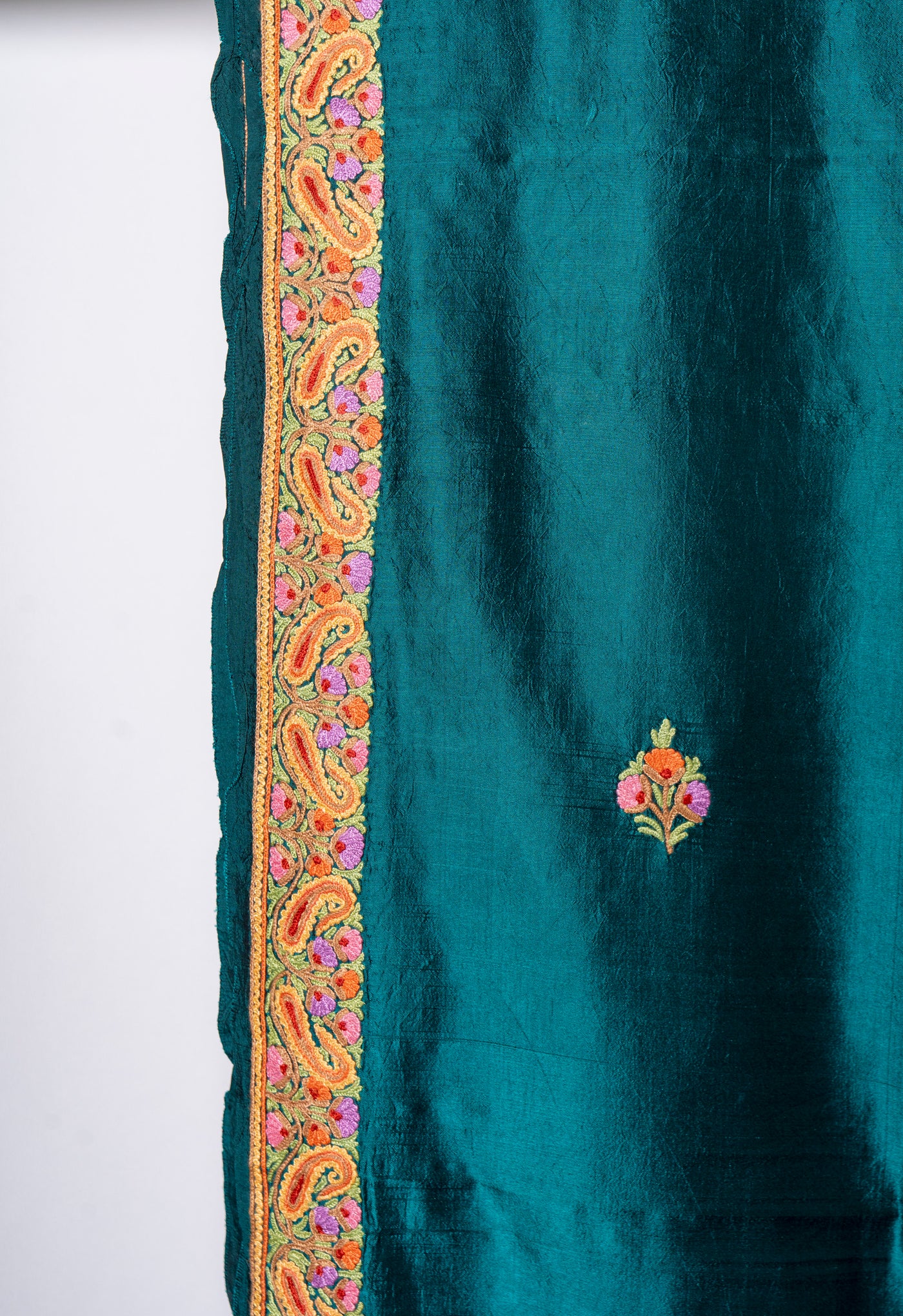 Emerald Elegance: Pure Silk Saree with Hand Aari Embroidery