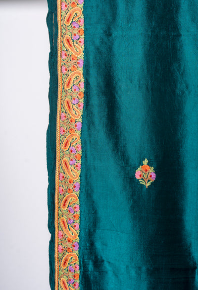 Emerald Elegance: Pure Silk Saree with Hand Aari Embroidery