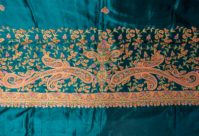 Emerald Elegance: Pure Silk Saree with Hand Aari Embroidery