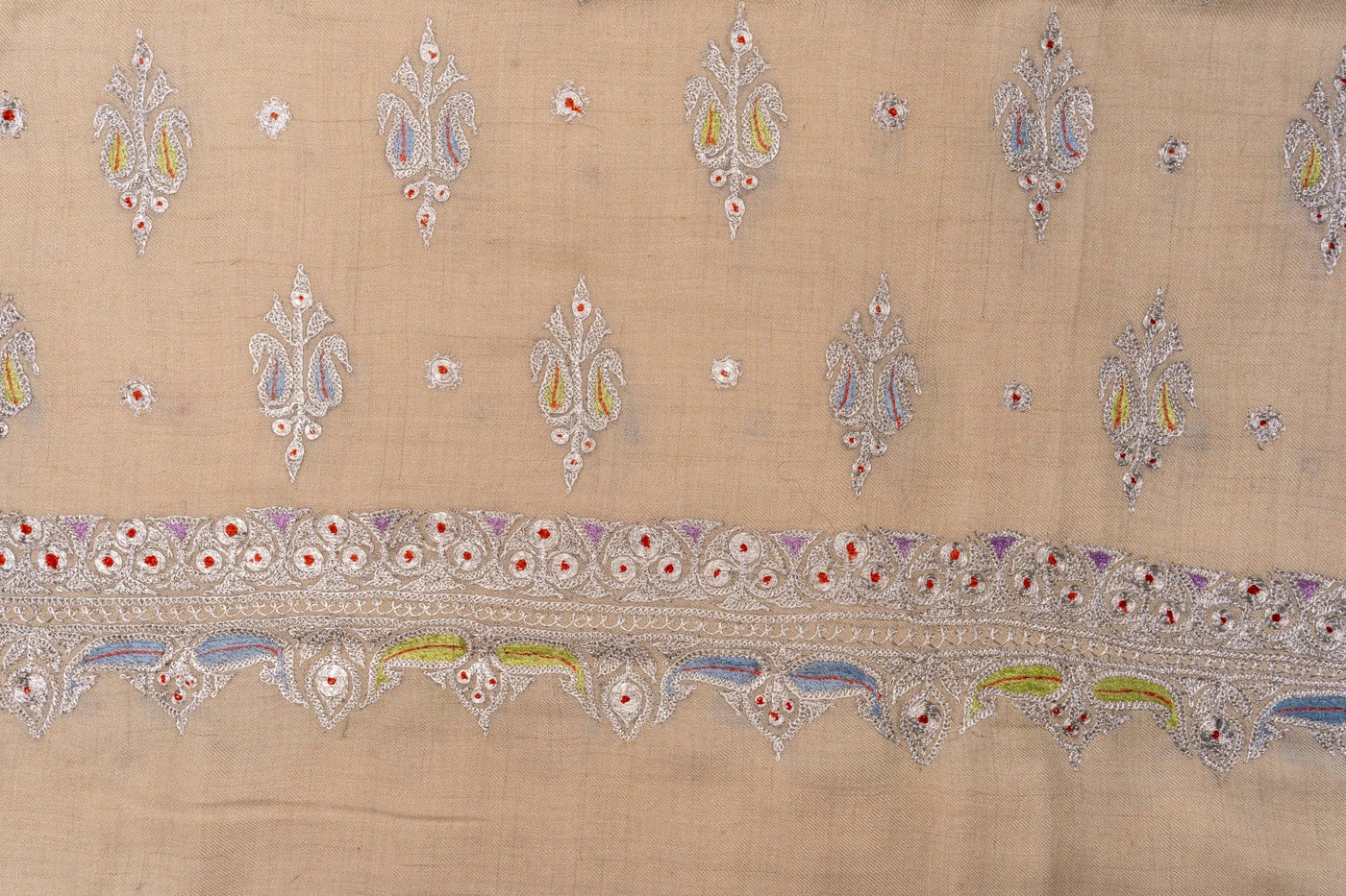 Beige Blossom Tilla Enchantment - Hand Embroidered Pashmina Shawl with Tilla and Sozni Embroidery