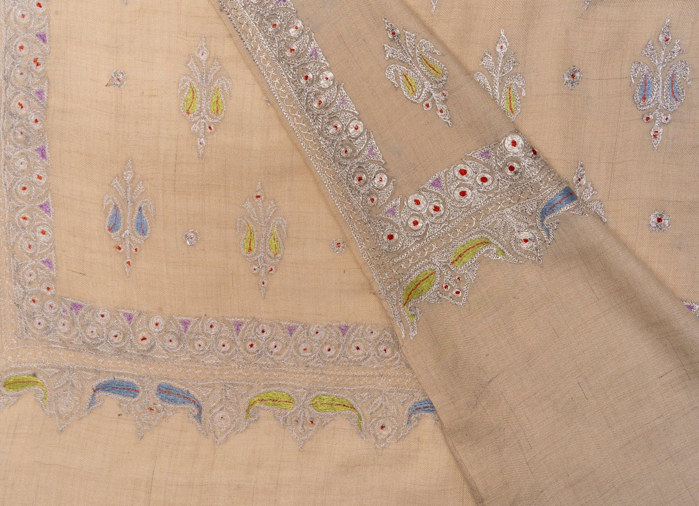 Beige Blossom Tilla Enchantment - Hand Embroidered Pashmina Shawl with Tilla and Sozni Embroidery