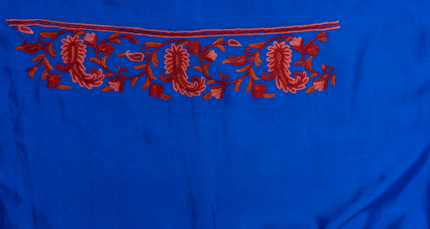 Sapphire Splendor: Pure Silk Hand Aari Embroidered Saree