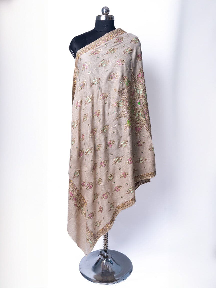 Golden Mirage Tilla Tapestry - Hand Embroidered Pashmina Shawl with Tilla and Sozni Embroidery