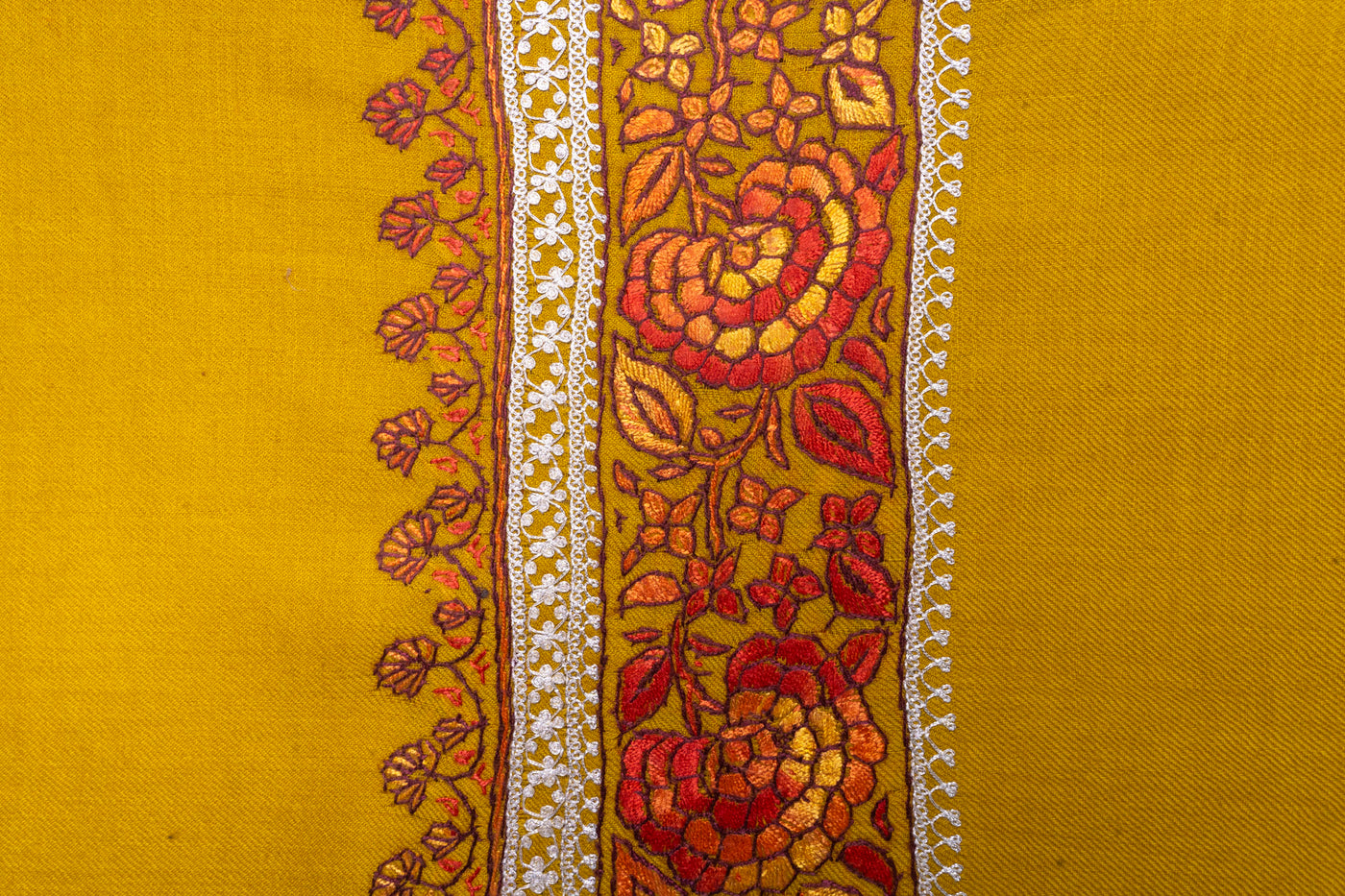 Saffron Sun Merino Wool Hand Embroidered Tilla & Sozni Shawl