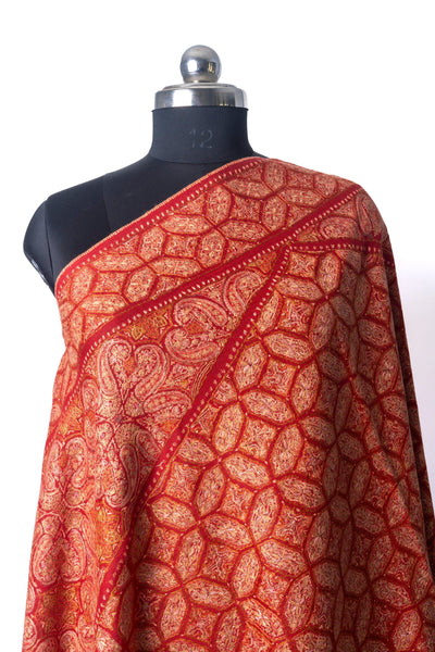 Crimson Lotus Merino Wool Hand Embroidered Sozni Shawl