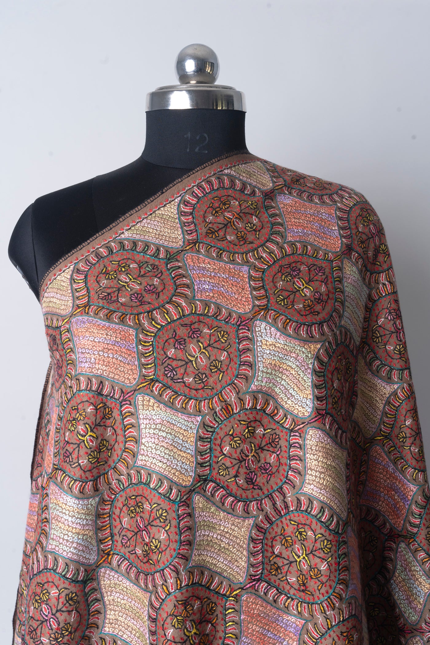 Rosy Mosaic Merino Wool Hand Embroidered Sozni Shawl