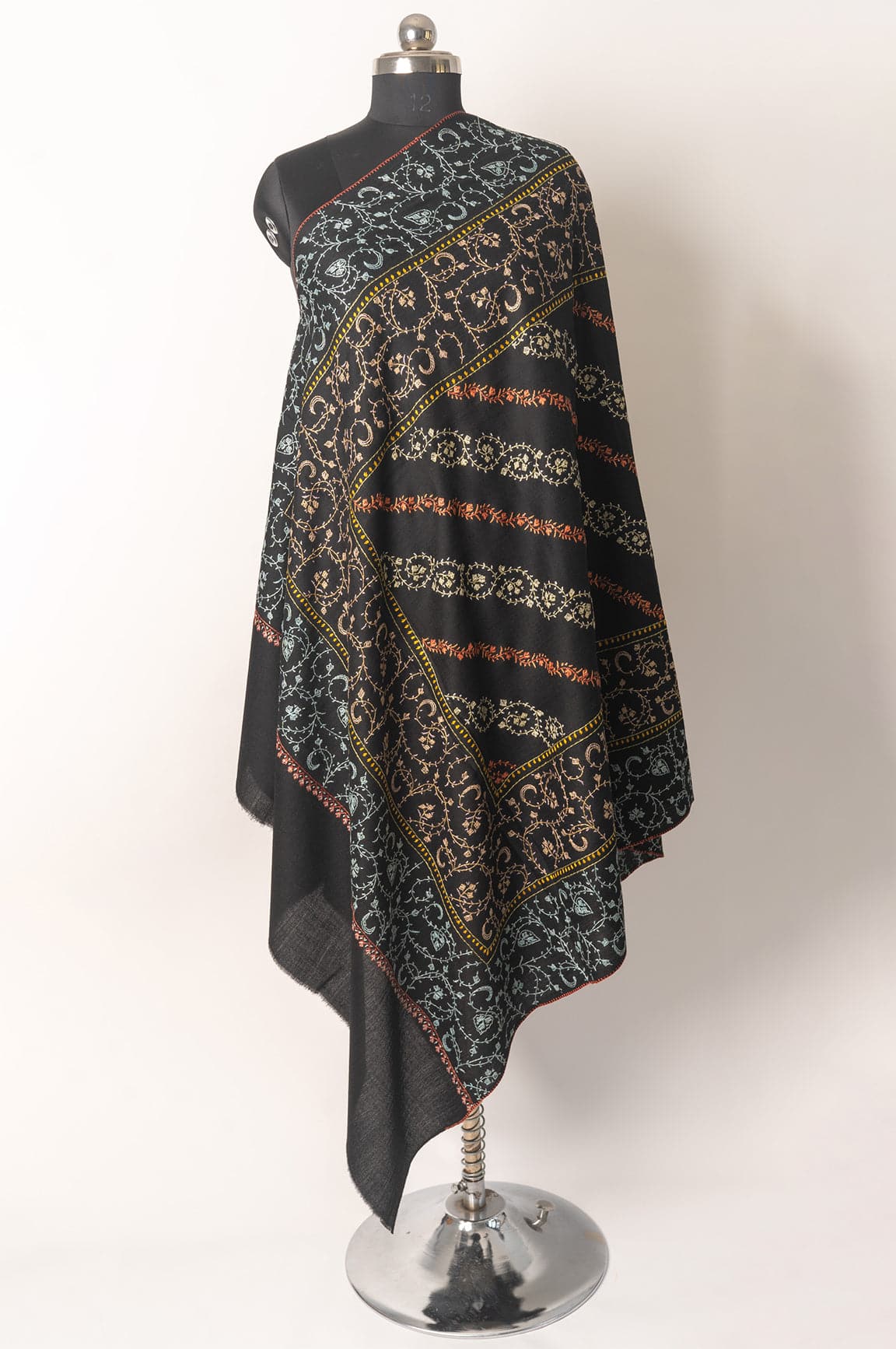 Midnight Elegance: Hand Embroidered Merino Wool Sozni Shawl