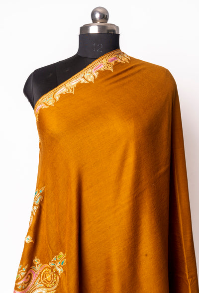 Sozni Tilla Splendor Pashmina - Autumn Gold Shawl with Hand Tilla and Sozni Embroidery