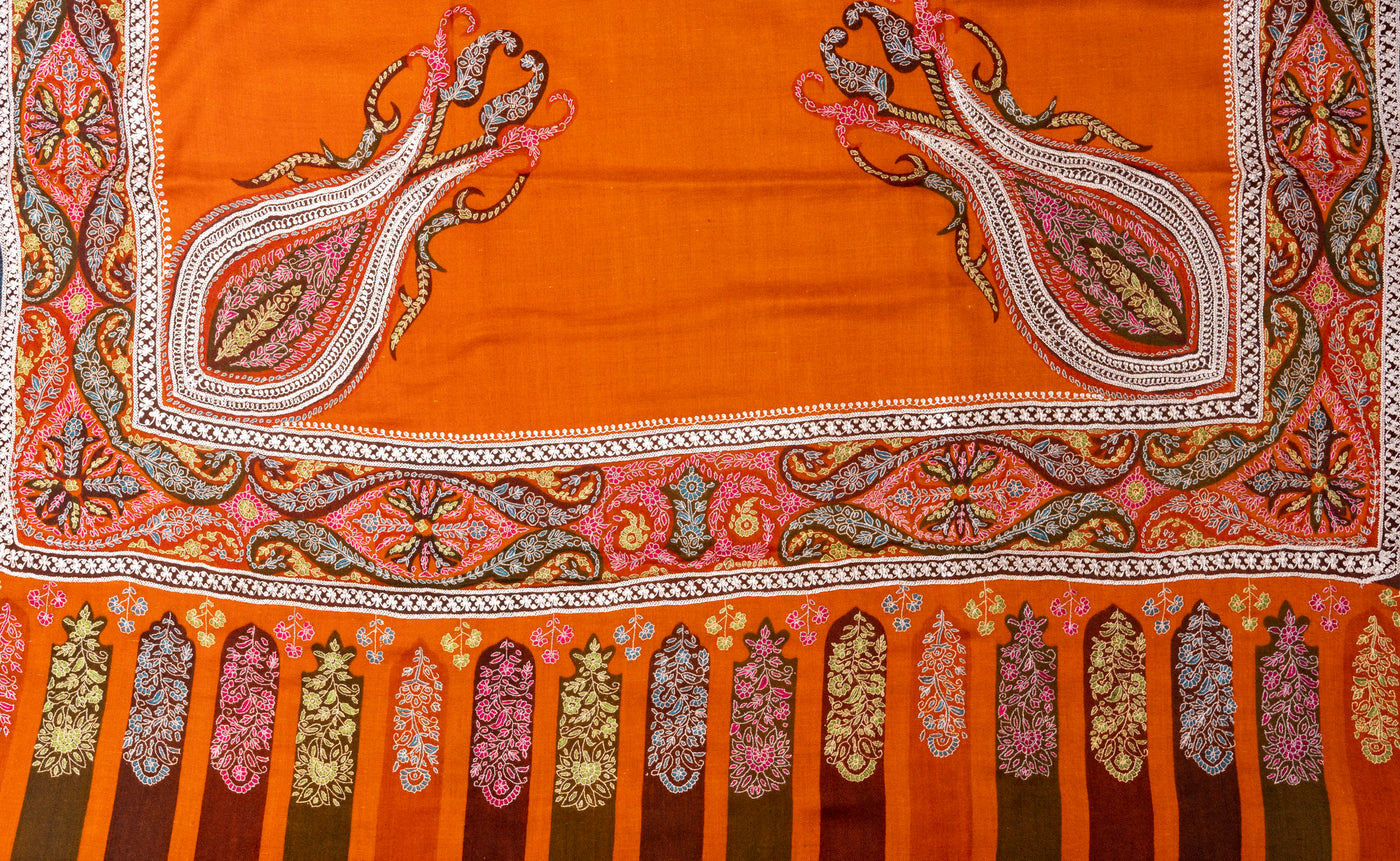 Rustic Crimson Tilla Dreams - Hand Embroidered Pashmina Shawl with Tilla and Sozni Embroidery