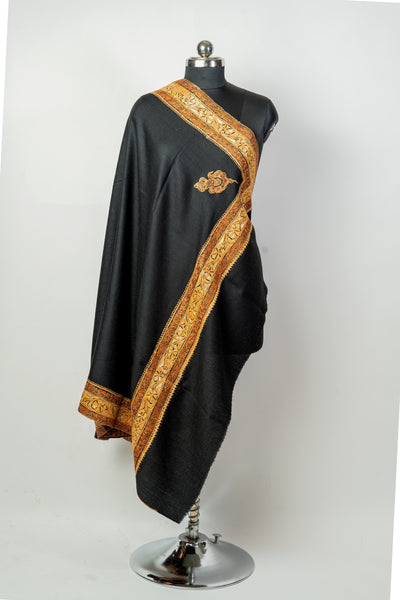 The Midnight Paisley: Luxurious Black Kashmiri Shawl with Tilla and Sozni Embroidery - KashmKari