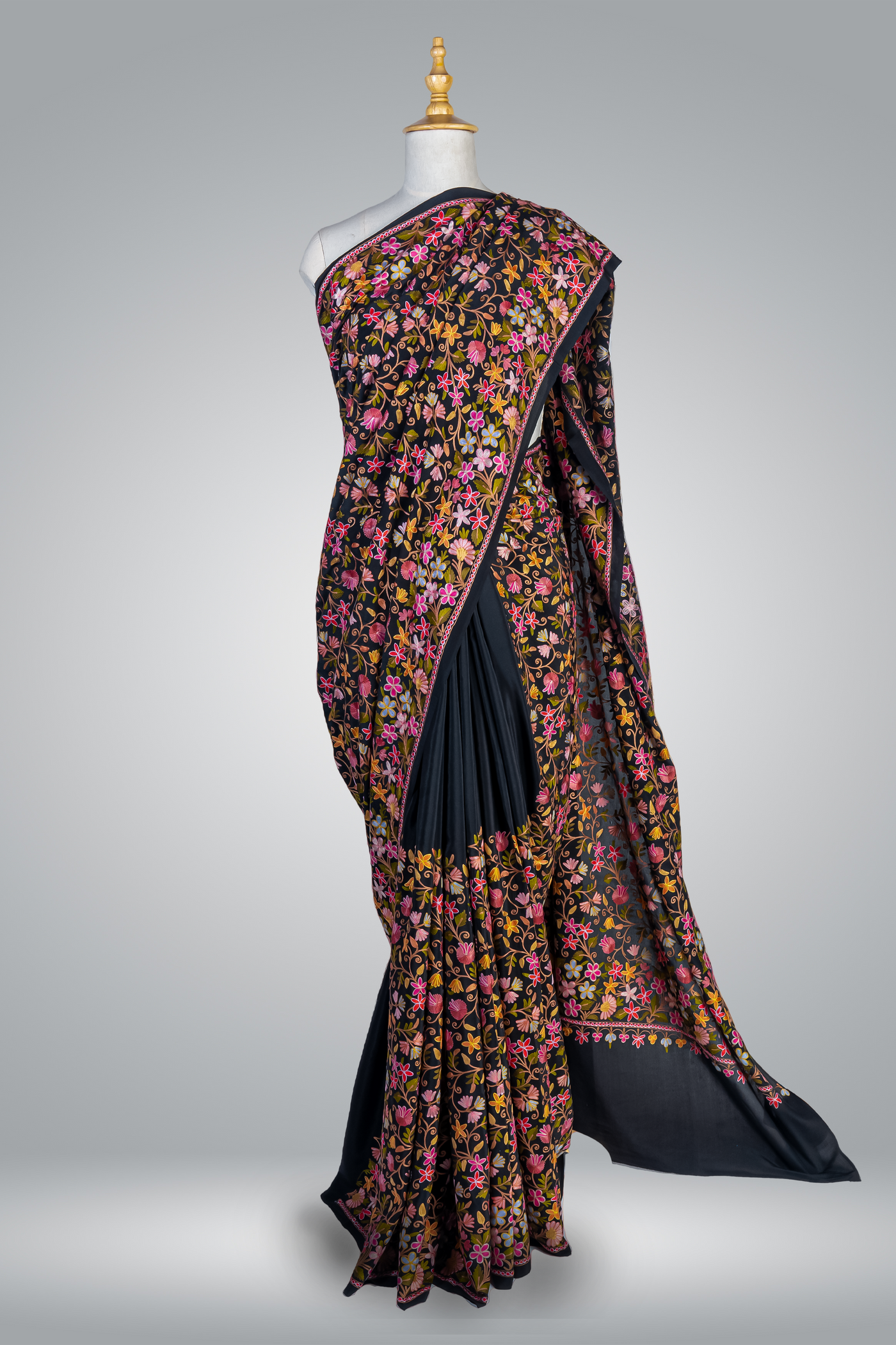 Elegant Black Crepe Saree with All Over Heavy Aari Embroidery - KashmKari