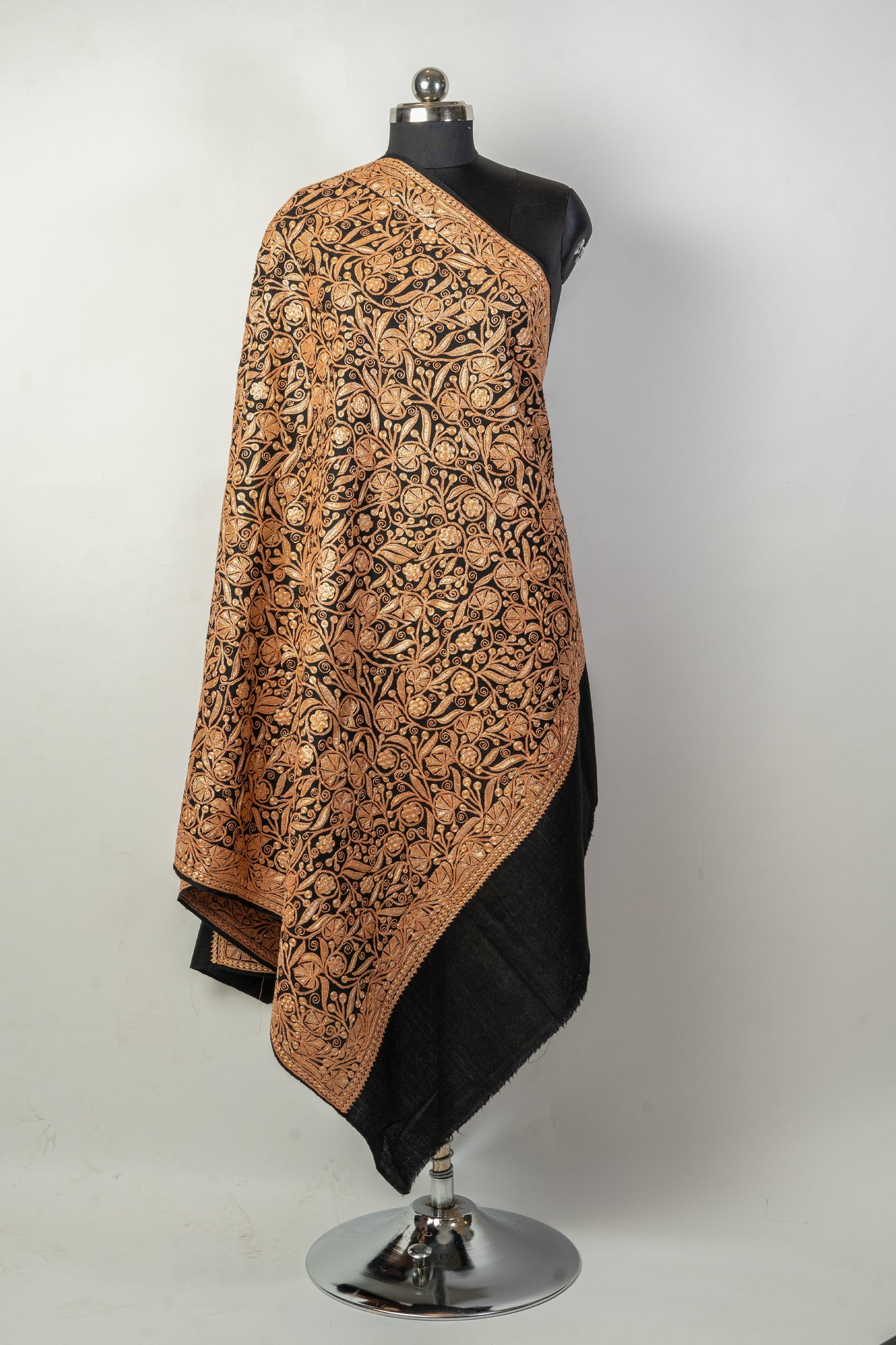 Elegant Tilla Embroidery on Black Merino Wool Shawl