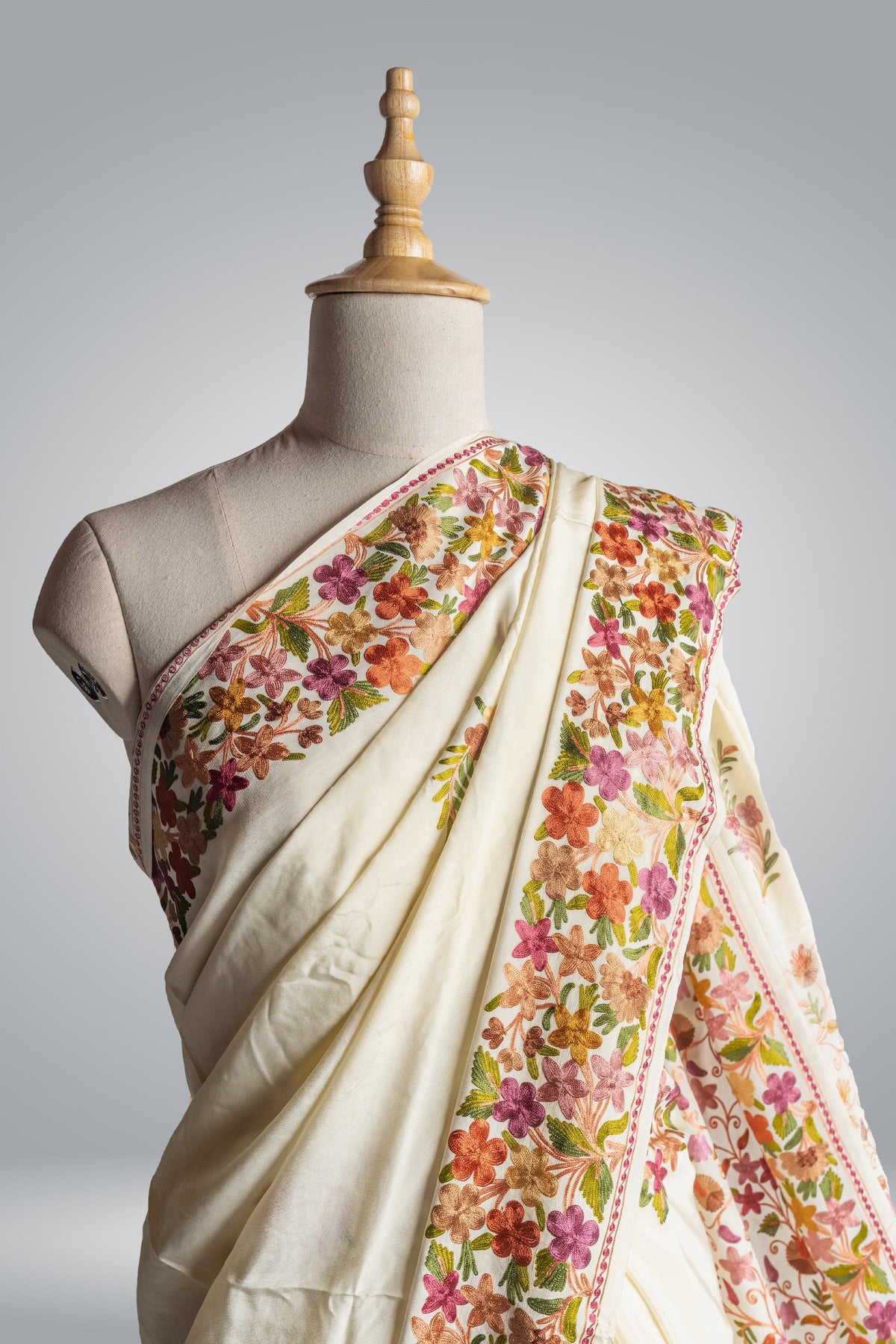 Cream Pure Crepe Kashmiri Saree with Aari Embroidery - KashmKari