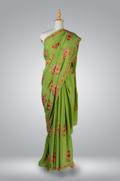 Captivating Green Multicolour Hand-Aari Embroidered Saree