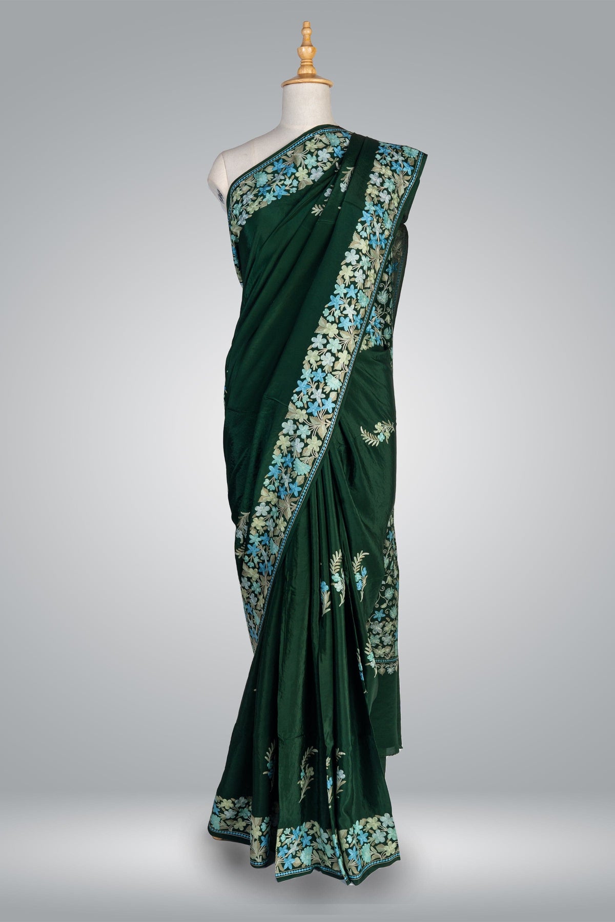 Emerald Twilight Kashmiri Aari Embroidery Saree in Pure Crepe - KashmKari