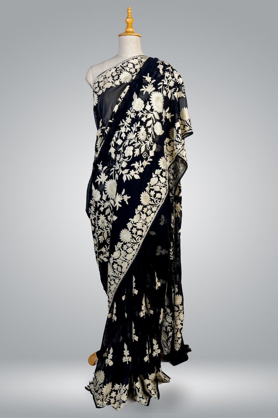 Black Kashmiri Pure Crepe Saree with All Over Aari Embroidery
