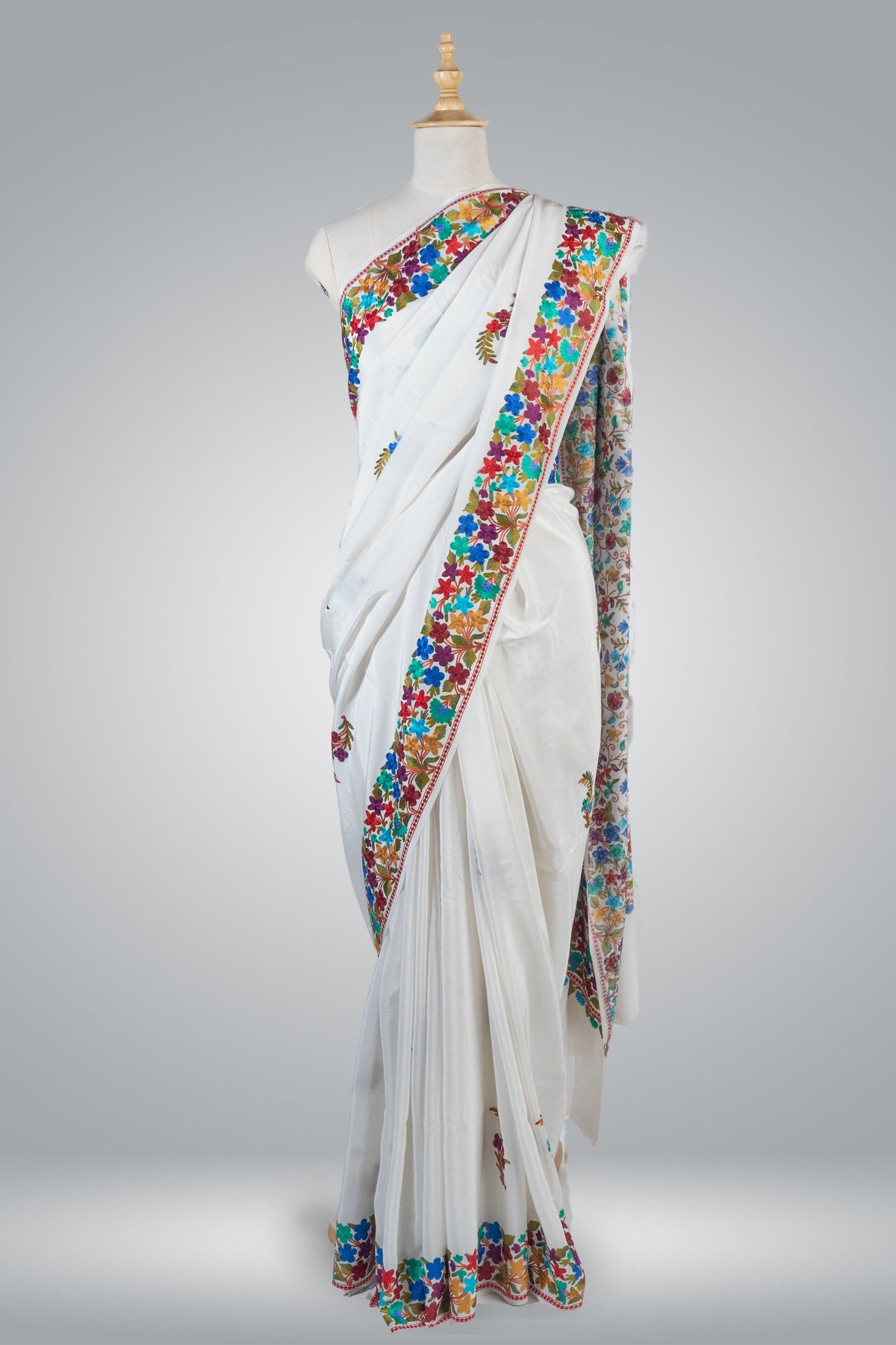 Elegant White Pure Crepe Saree with Multicolor Aari Embroidery - KashmKari
