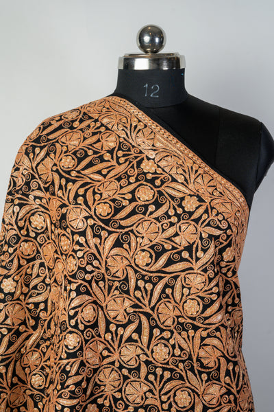 Elegant Tilla Embroidery on Black Merino Wool Shawl