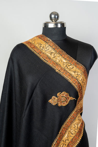 The Midnight Paisley: Luxurious Black Kashmiri Shawl with Tilla and Sozni Embroidery - KashmKari
