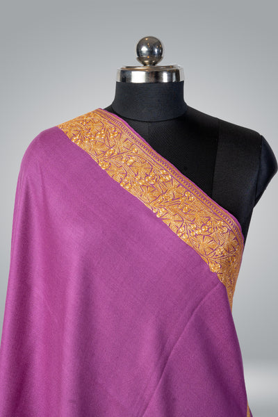 Royal Amethyst Elegance: Handcrafted Pure Pashmina Shawl with Golden Tilla Embroidery - KashmKari