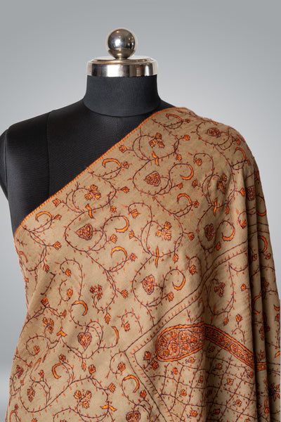 The Beige Bloom: Artisanal Kashmiri Shawl with Floral Sozni Embroidery - KashmKari