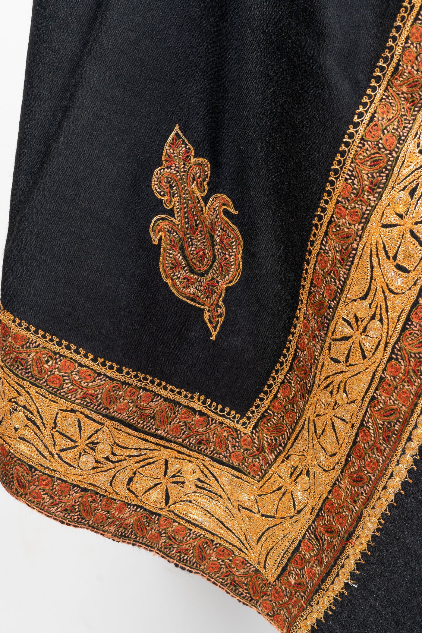 The Midnight Paisley: Luxurious Black Kashmiri Shawl with Tilla and Sozni Embroidery - KashmKari