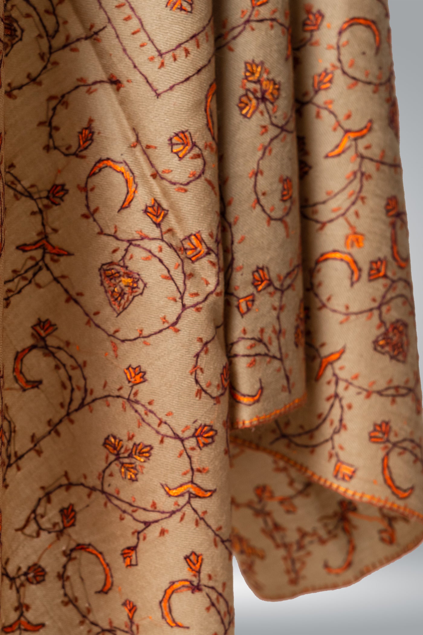 The Beige Bloom: Artisanal Kashmiri Shawl with Floral Sozni Embroidery - KashmKari