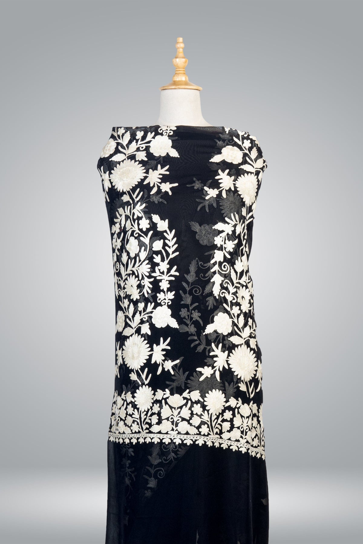 Black Kashmiri Pure Crepe Saree with All Over Aari Embroidery