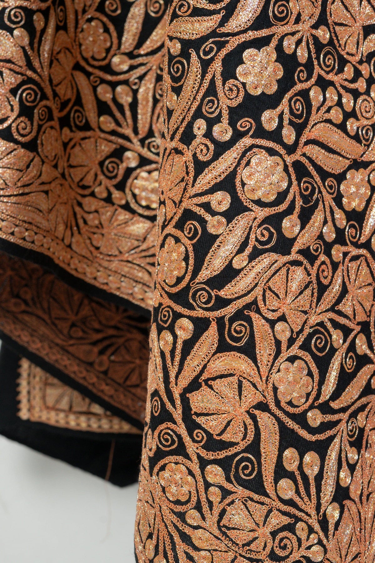Elegant Tilla Embroidery on Black Merino Wool Shawl