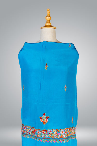 Elegant Kashmiri Hand-Embroidered Pure Crepe Saree in Enchanting Blue - KashmKari