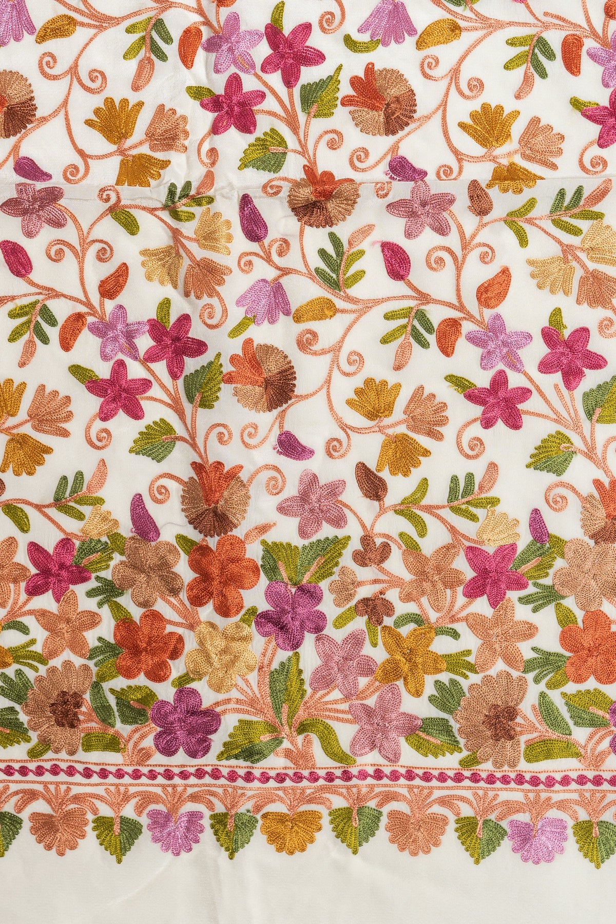 Cream saree pallu detail with curling floral vines above a dense purple, pink and rust flower border with green leaves.
